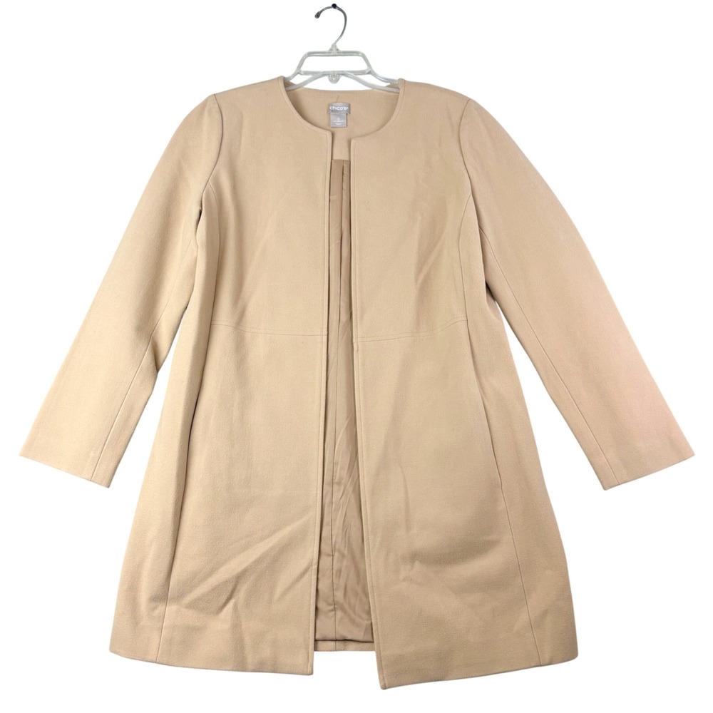 Chicos 0 US 4 / 6 Camel Tan Open Front Longline Jacket Collarless Office Preppy